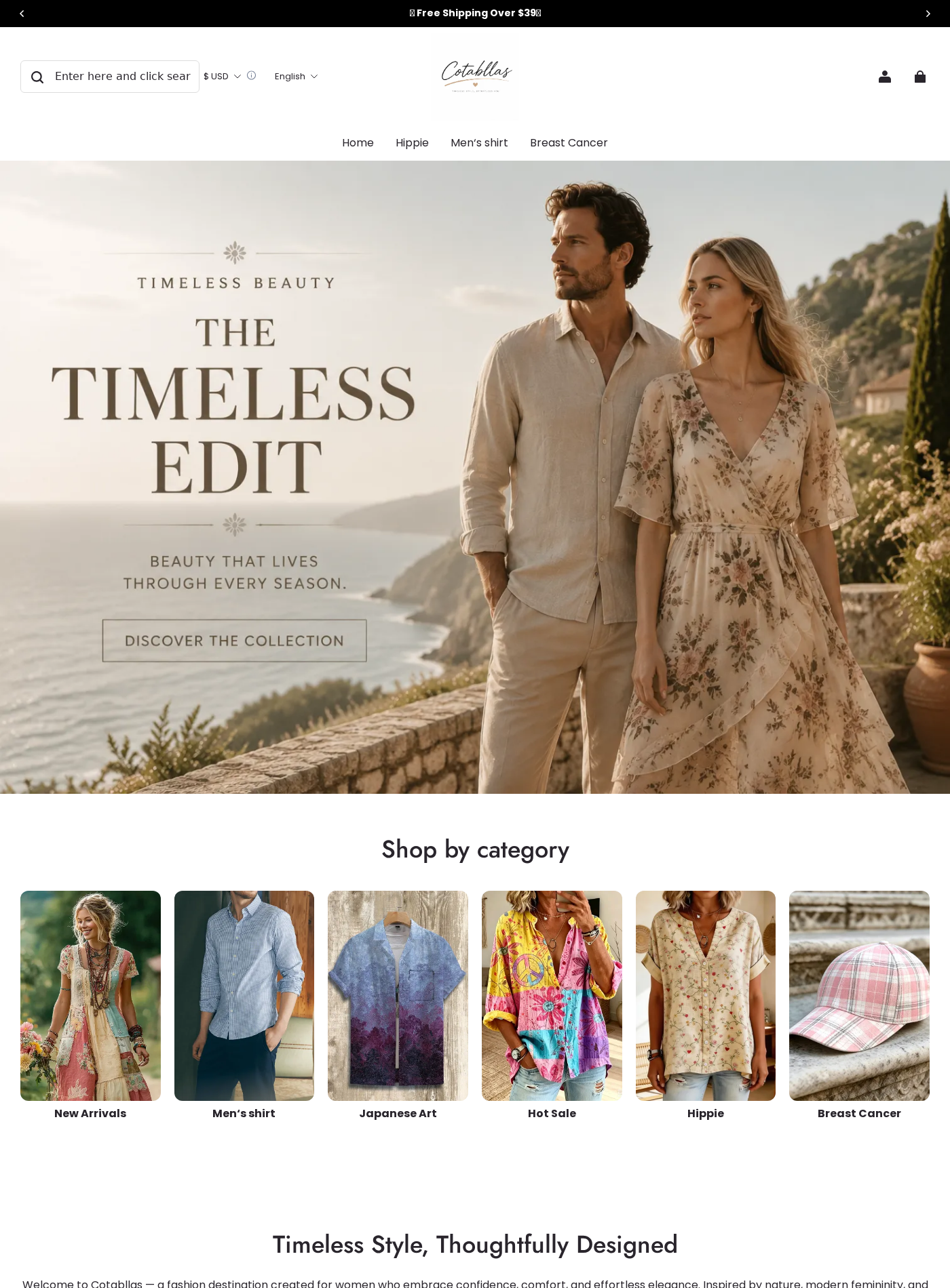 Cotabllas Exposed: Huge Discounts, AI Images and Online Store Risks Checked 1 Cotabllas homepage with a luxury coastal fashion scene and Timeless Edit campaign