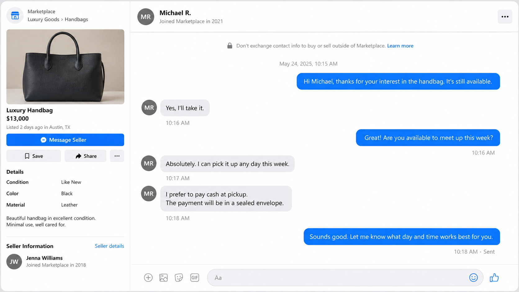 Counterfeit Cash Scam Targets Online Marketplace Sellers 1 Counterfeit cash scam shown in a fictional online marketplace conversation