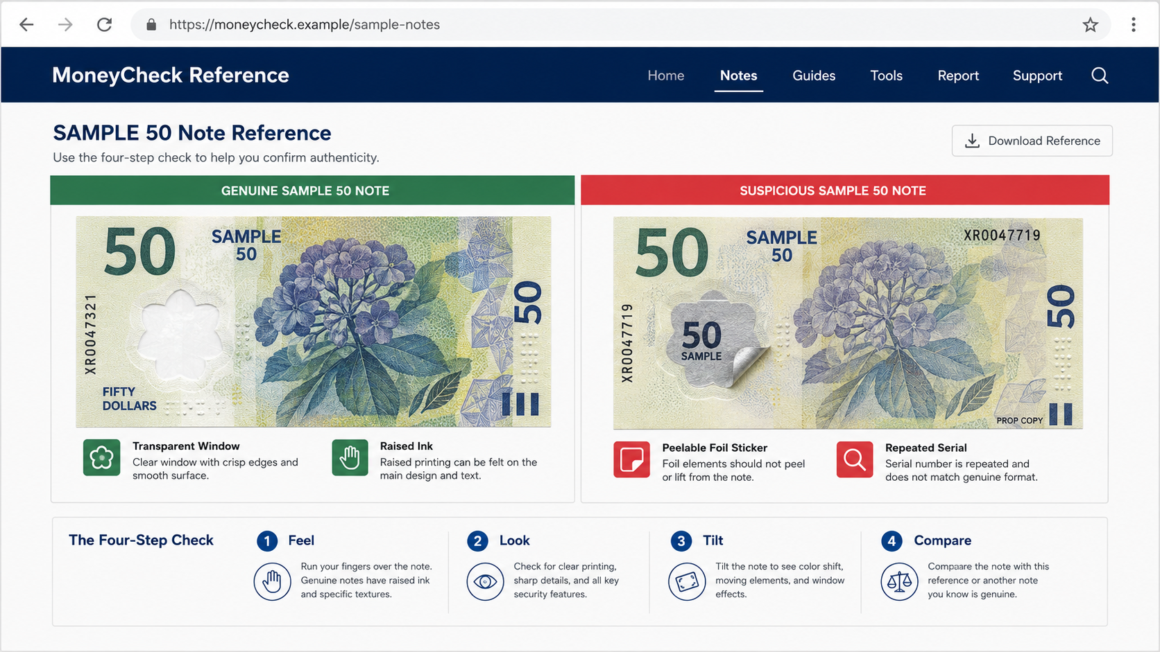 Counterfeit Cash Scam Targets Online Marketplace Sellers 2 Fictional reference screen comparing genuine features with a suspicious sample note