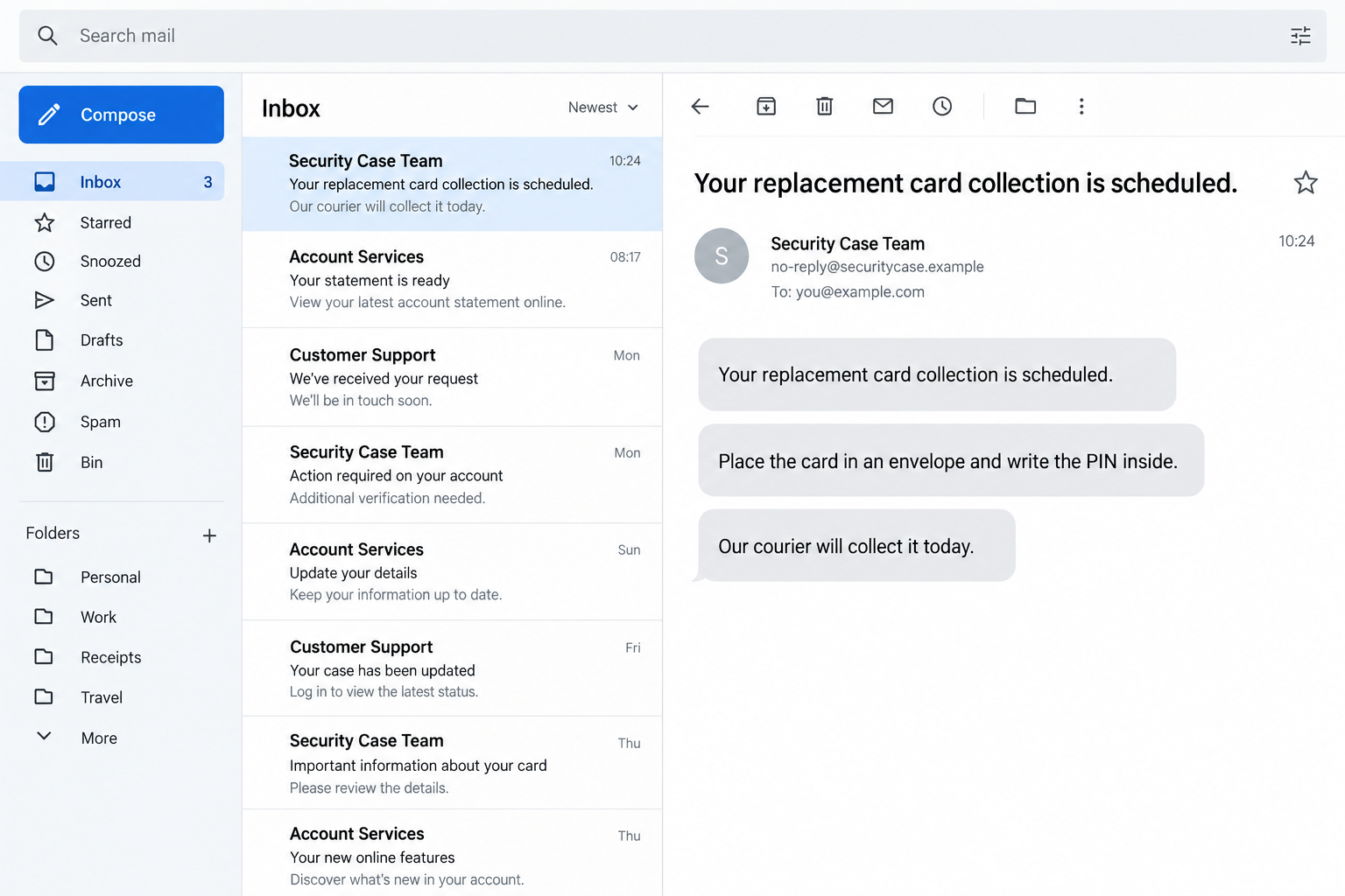 Illustrative scam messages requesting a bank card and PIN for courier collection