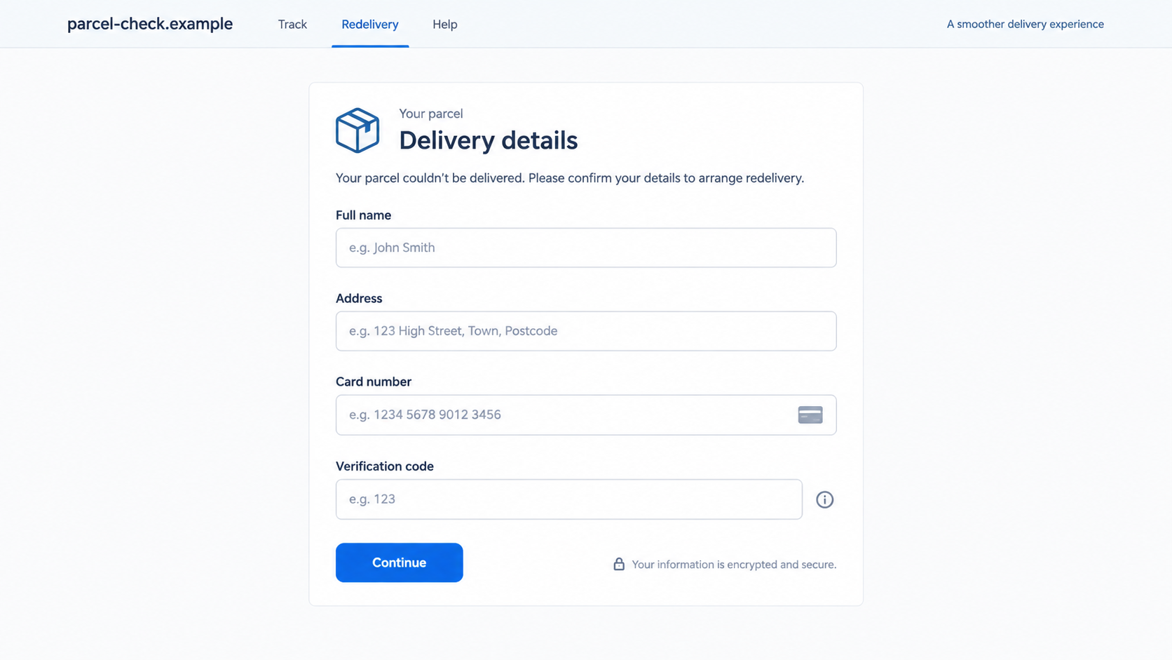 Courier iMessage Scam: Fake Delivery Texts Push Users to Disable Filters 2 Illustrative fake courier address and card form at a fictional domain
