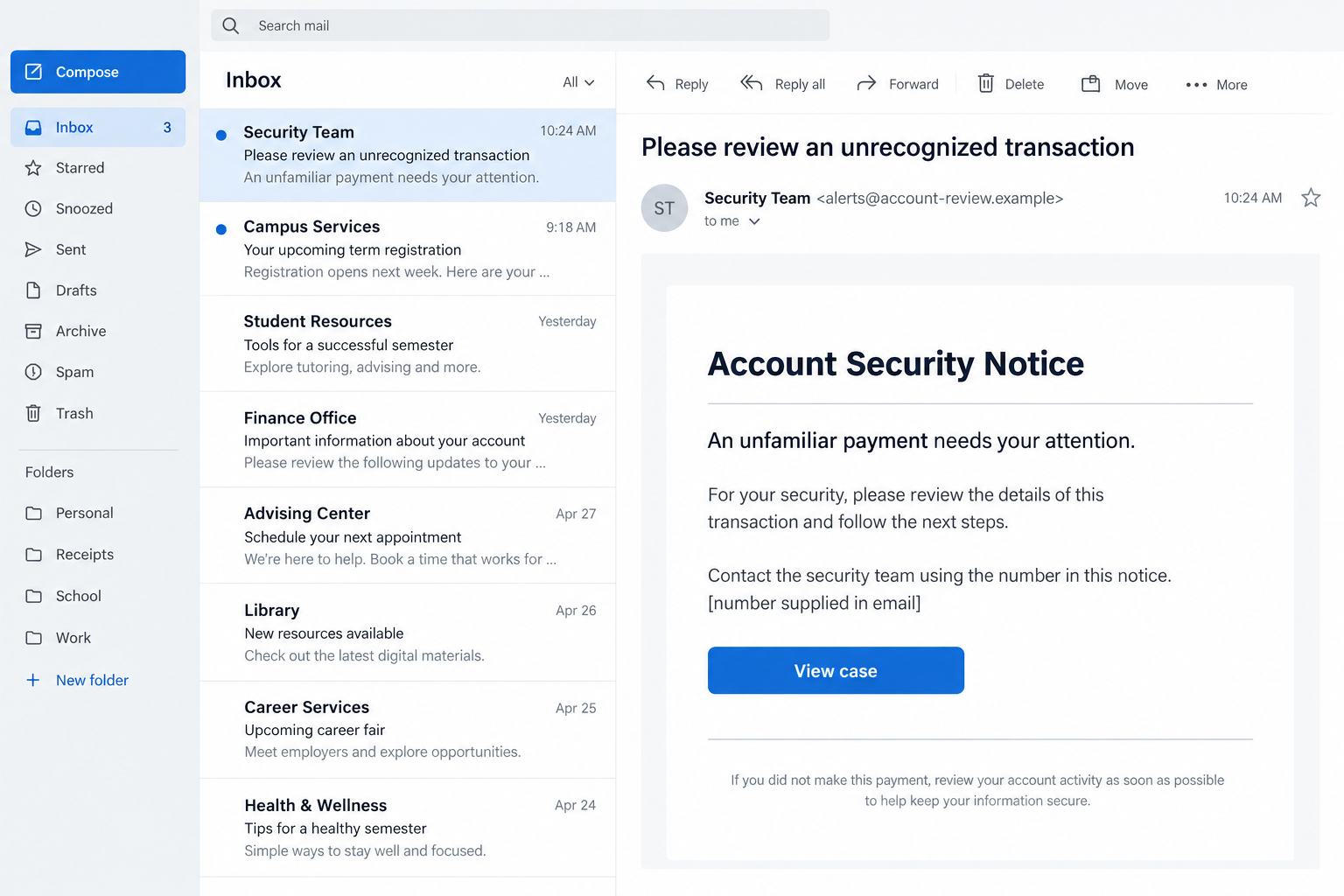 Illustrative false bank transaction email directing the reader to contact a supplied number