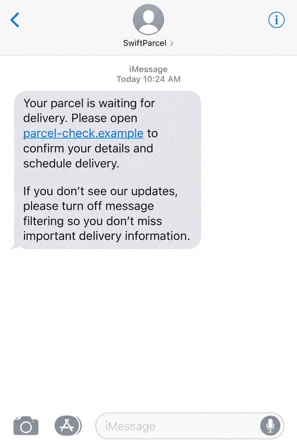 Courier iMessage Scam: Fake Delivery Texts Push Users to Disable Filters 1 Illustrative iMessage parcel delivery alert from a fictional courier with a suspicious link