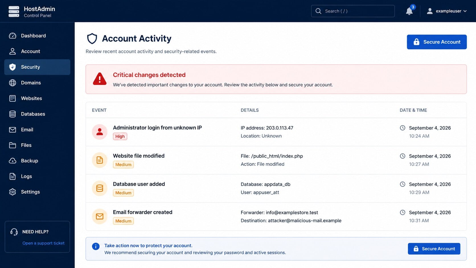 Hosting account activity showing an unknown administrator login website file change database user and email forwarder