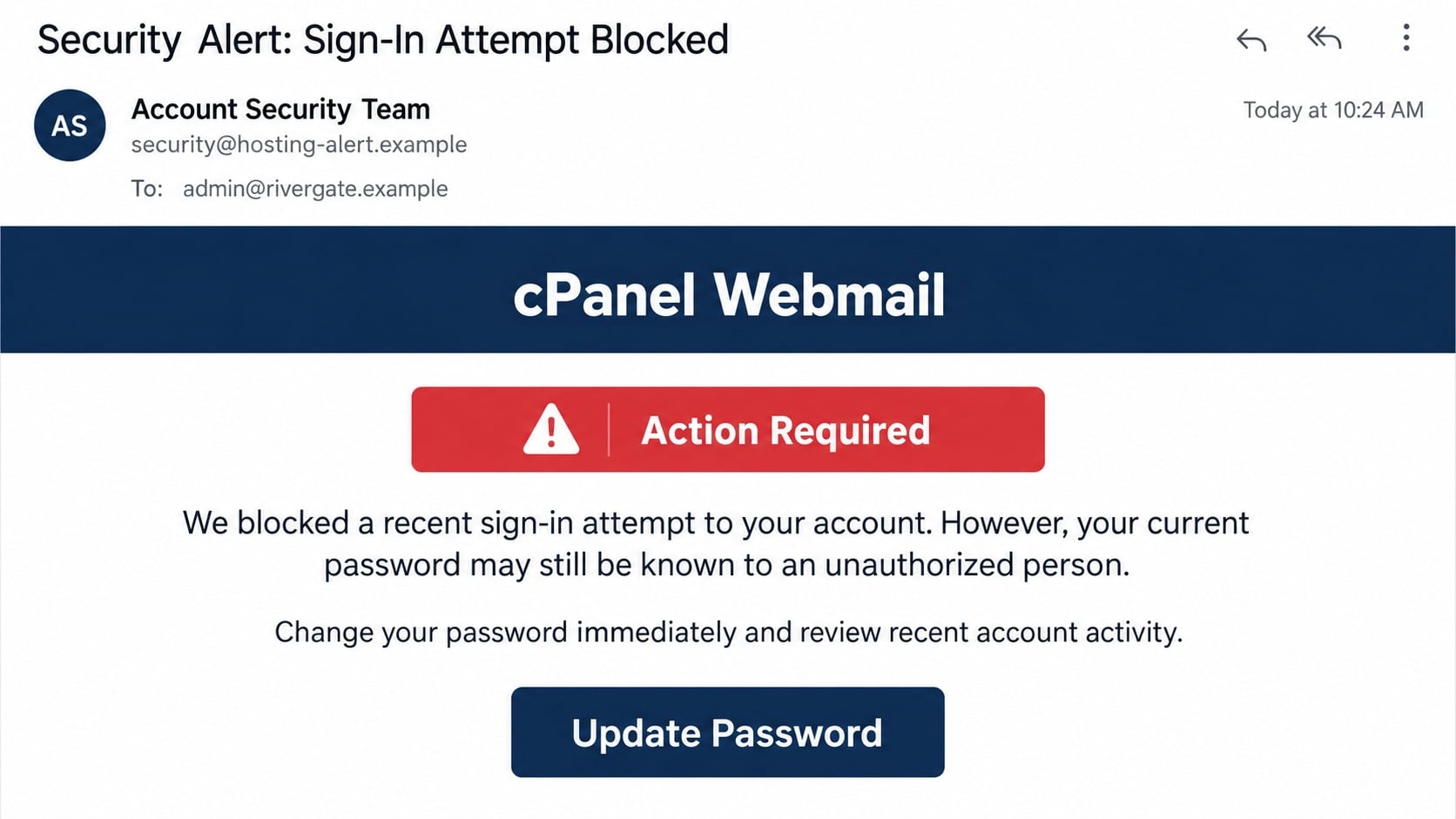 Fake cPanel Webmail email claiming a suspicious sign-in attempt was blocked