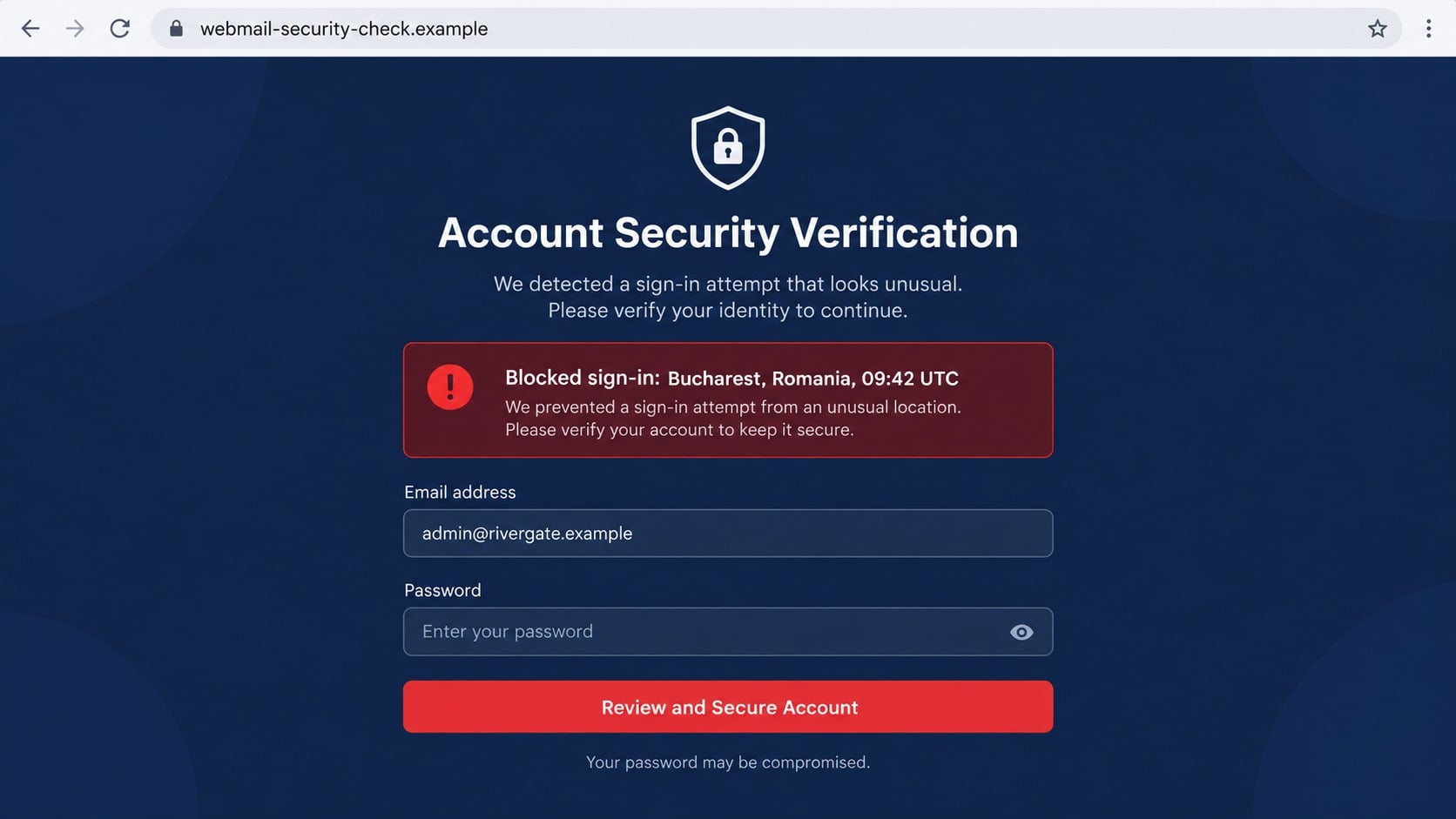 Fake account security page requesting a password after a blocked sign-in warning