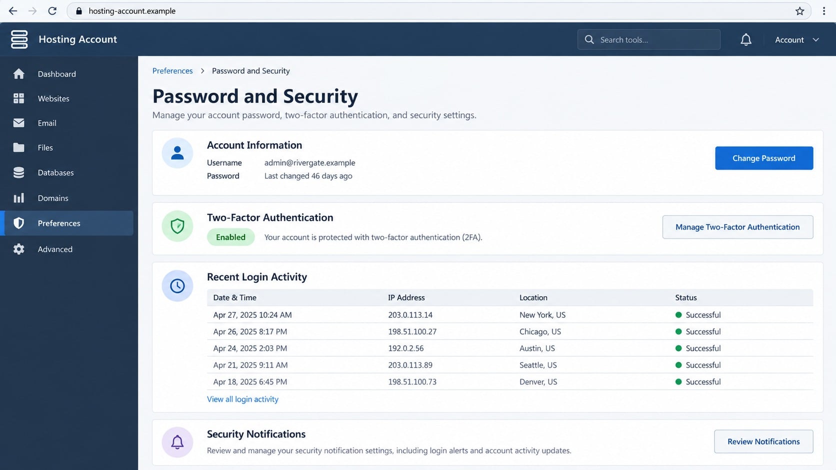 Hosting password and security dashboard used to review account activity safely