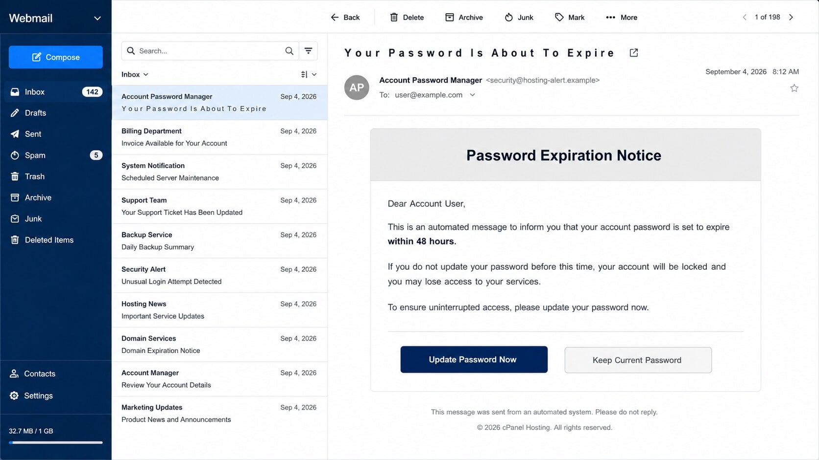 cPanel password expiration phishing email threatening an account lockout within 48 hours