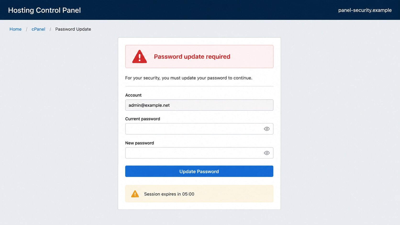 Counterfeit hosting control panel page asking for current and new passwords after an expiration warning