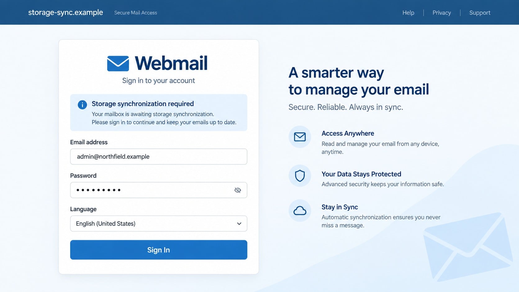 Recreated counterfeit webmail login page linked from the storage warning