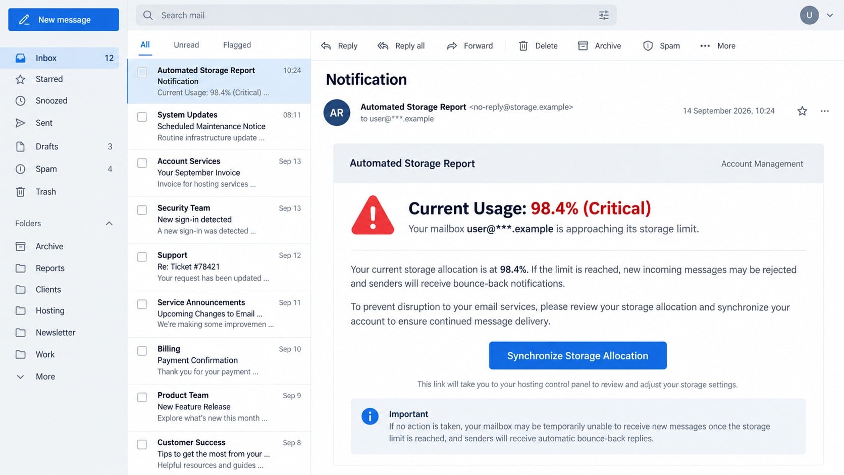 Recreated cPanel Automated Storage Report phishing email showing 98.4% usage