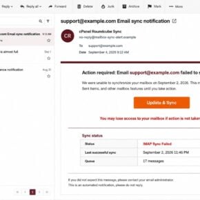 Fake cPanel Roundcube sync notification warning that a mailbox failed to update