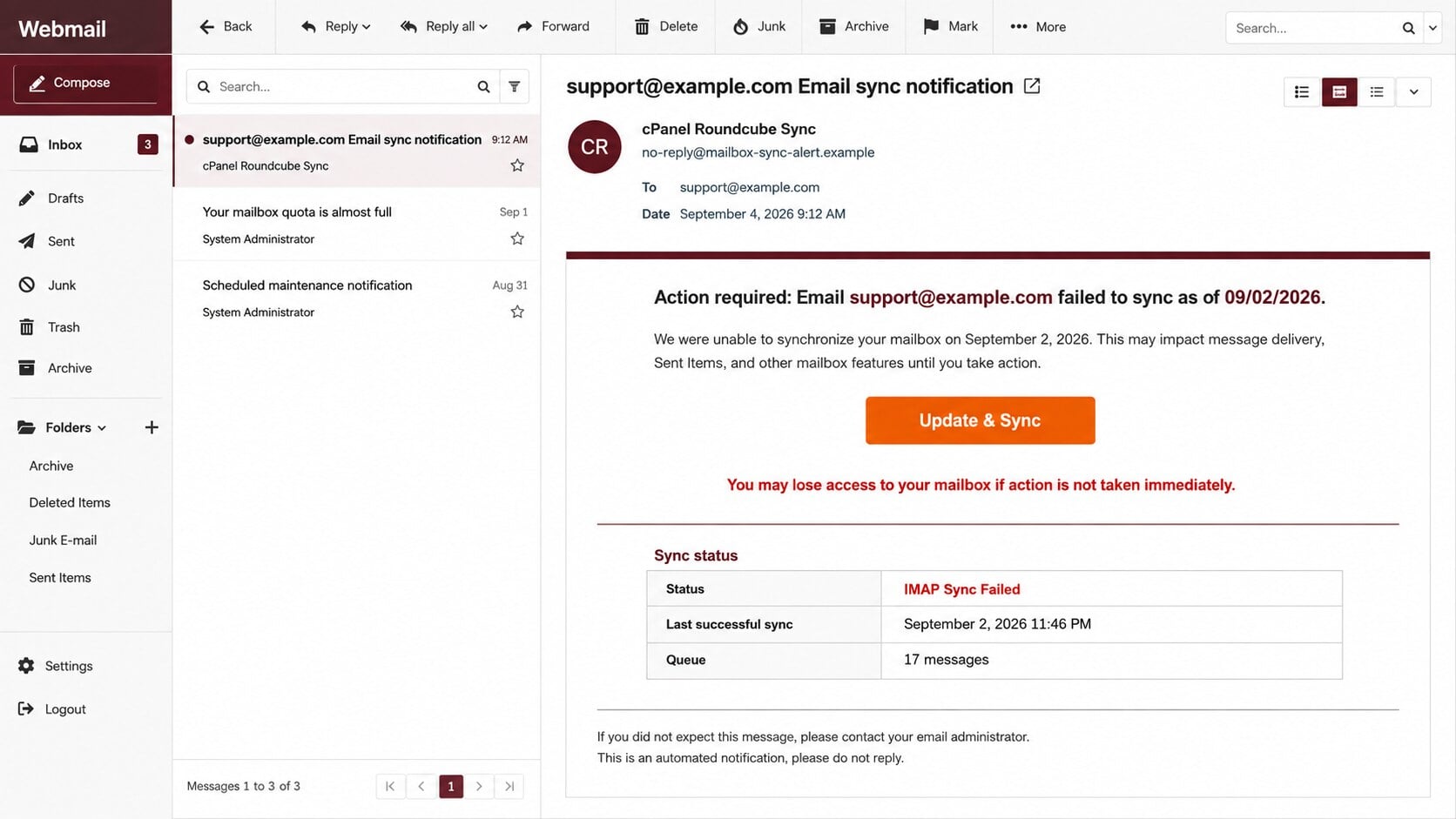 Fake cPanel Roundcube sync notification warning that a mailbox failed to update