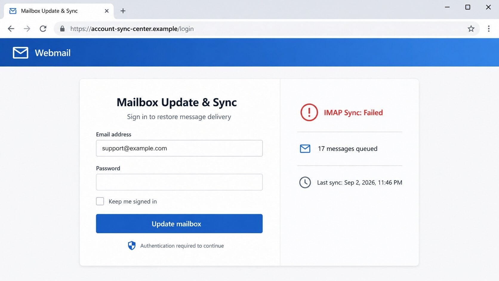 Counterfeit adaptive email login page requesting credentials after a mailbox sync warning