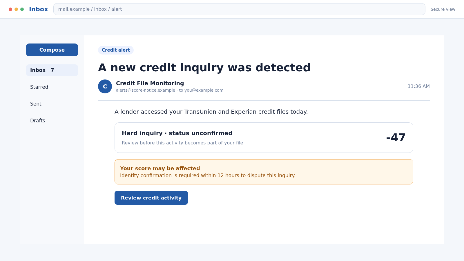 Reconstructed TransUnion and Experian scam email claiming a new credit inquiry was detected