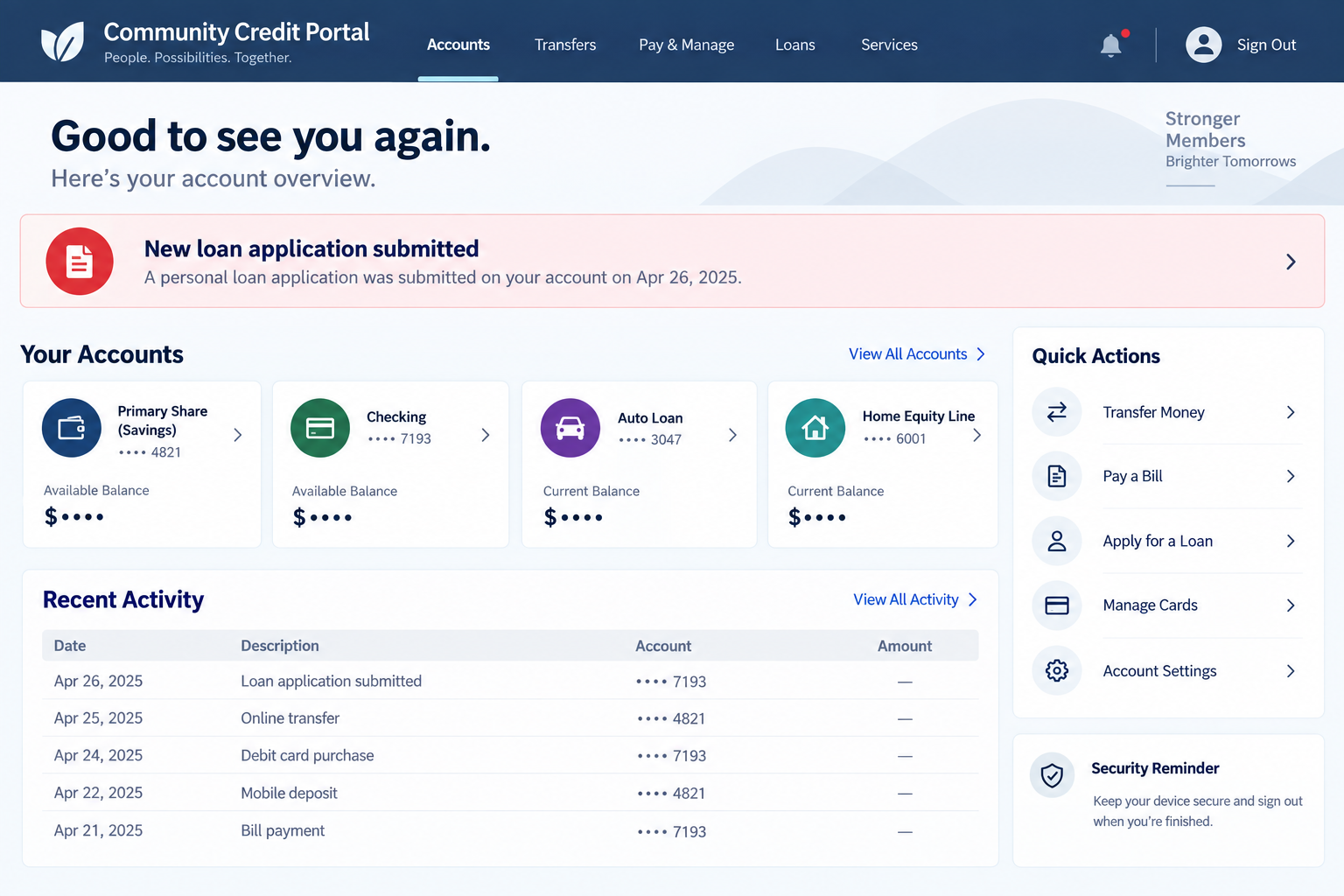 Illustrative credit union account screen showing an unfamiliar loan application, not a real victim record