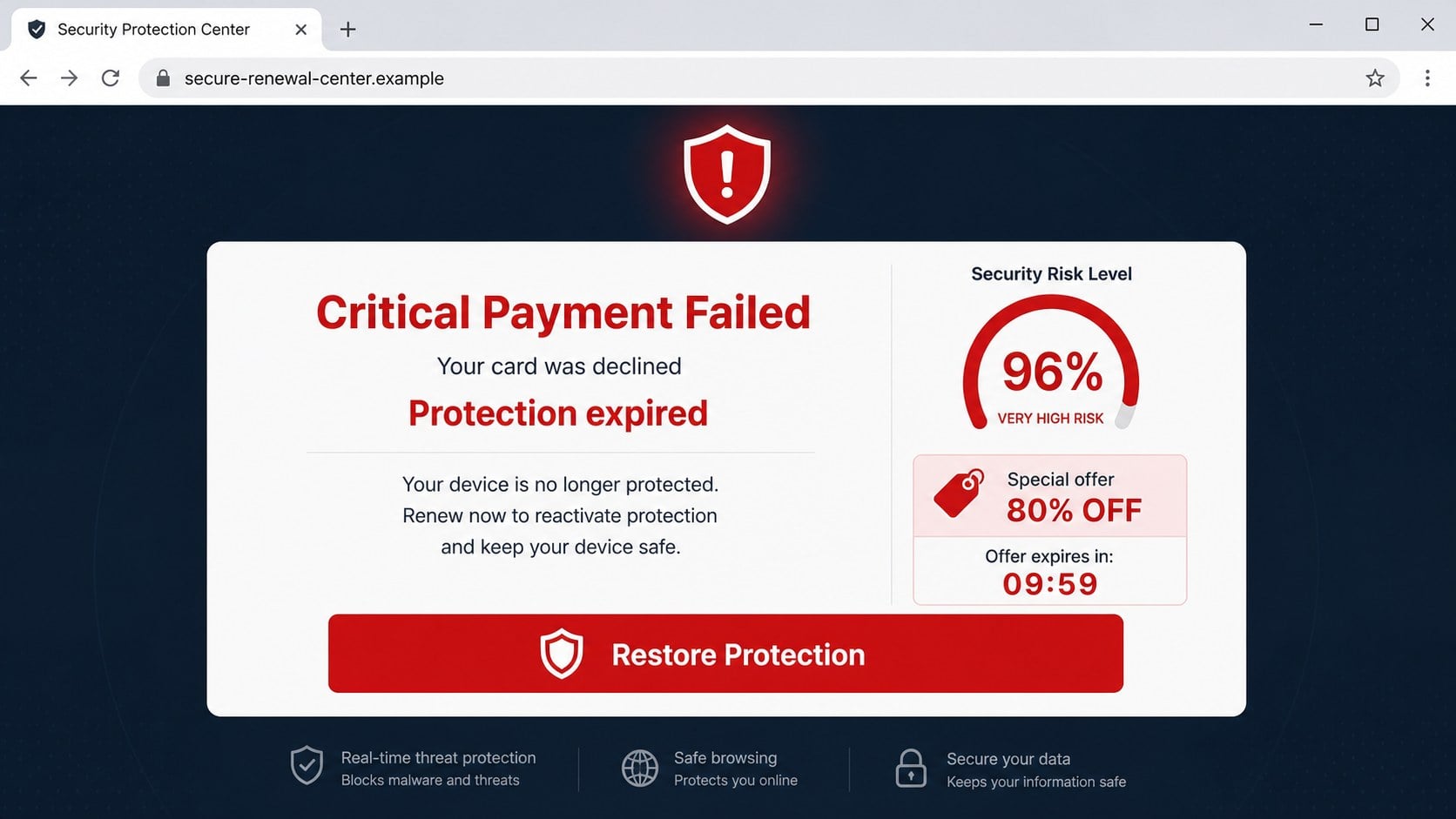 Critical Payment Failed pop-up claiming antivirus protection expired