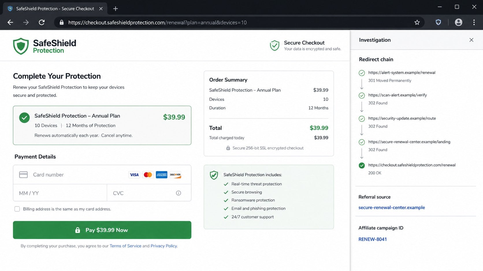 Security software checkout reached through a deceptive affiliate redirect chain