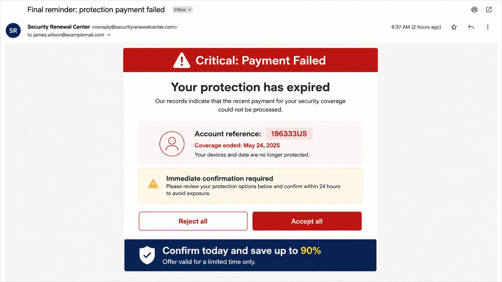 Fake security renewal email repeating the Critical Payment Failed warning