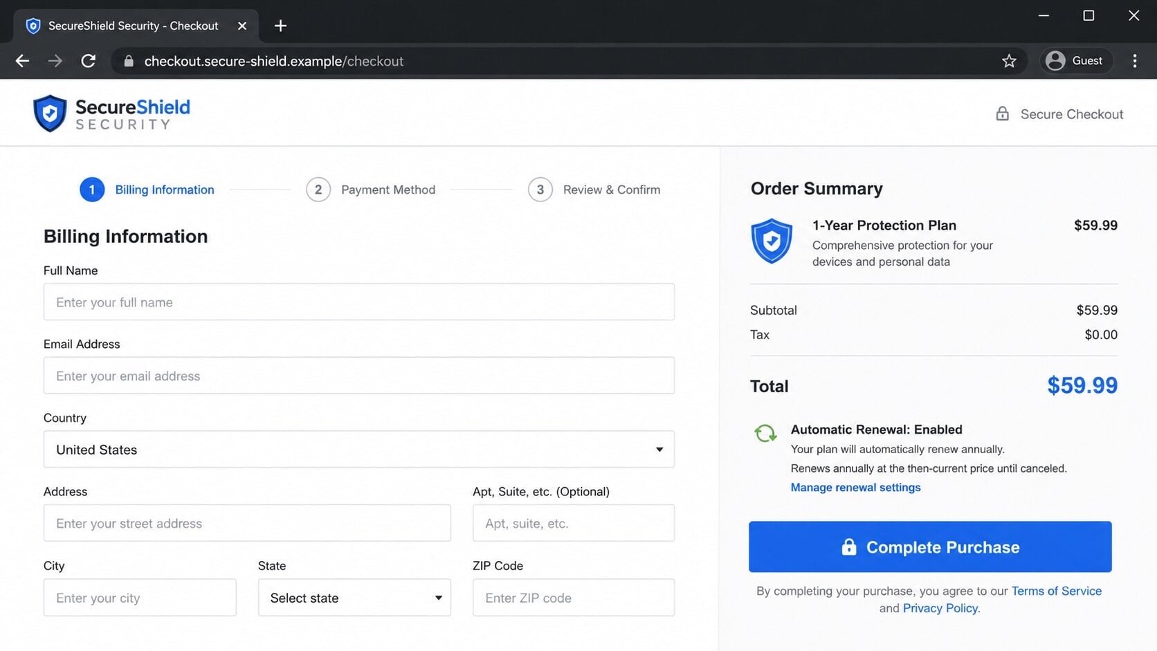 Security software checkout displaying an annual automatic renewal term