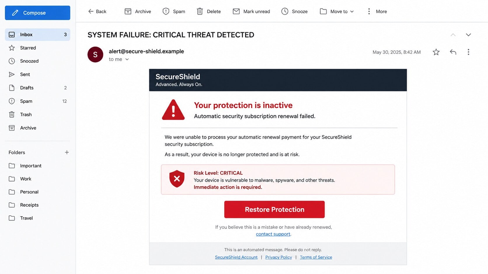 System Failure Critical Threat Detected email claiming antivirus protection is inactive