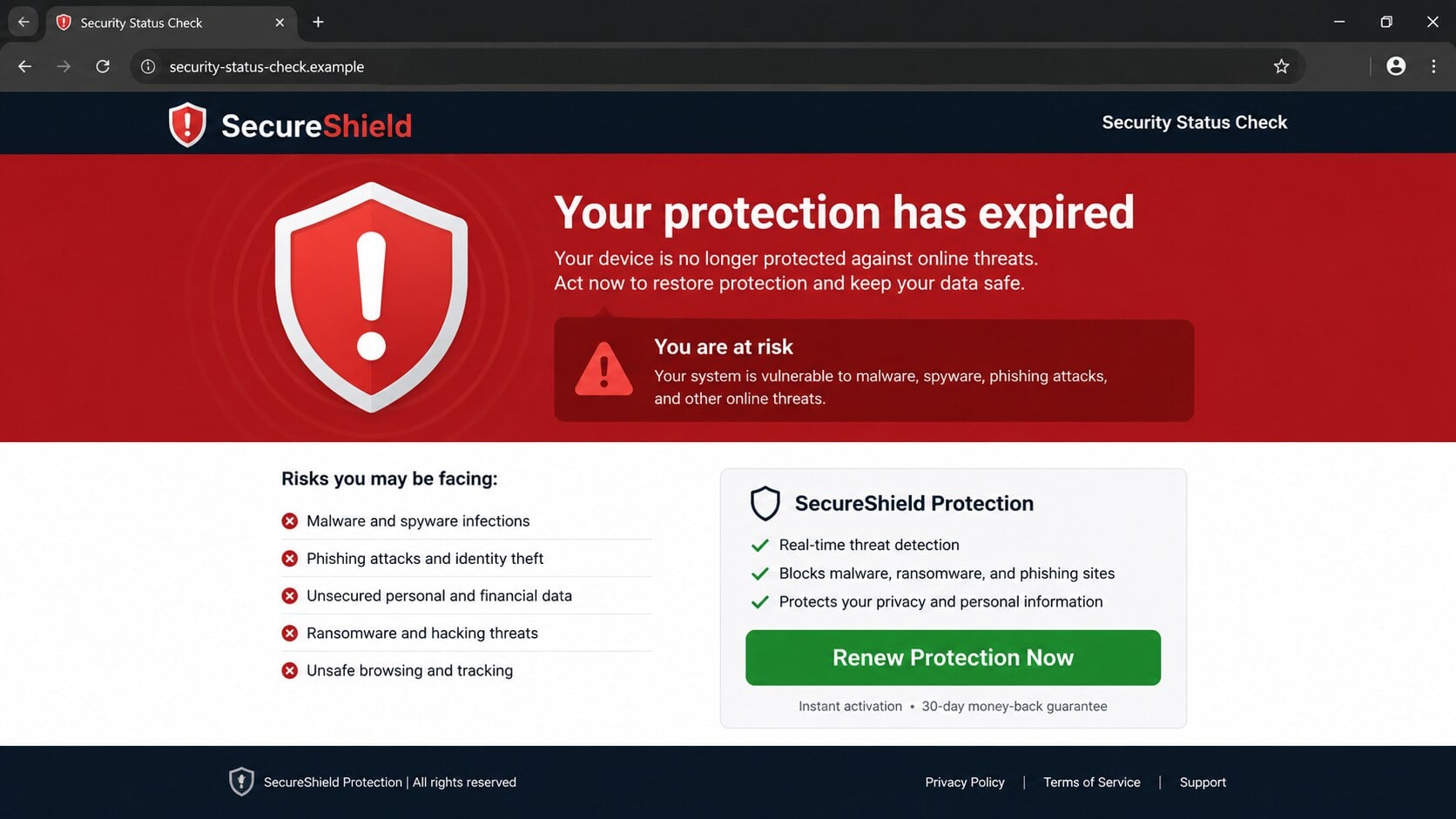 Fake security status page claiming protection expired and urging immediate renewal