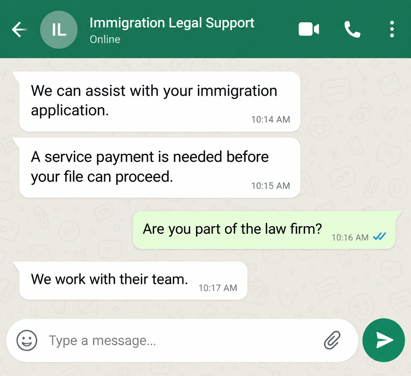 Illustrative reconstruction of an immigration legal support chat that asks for payment