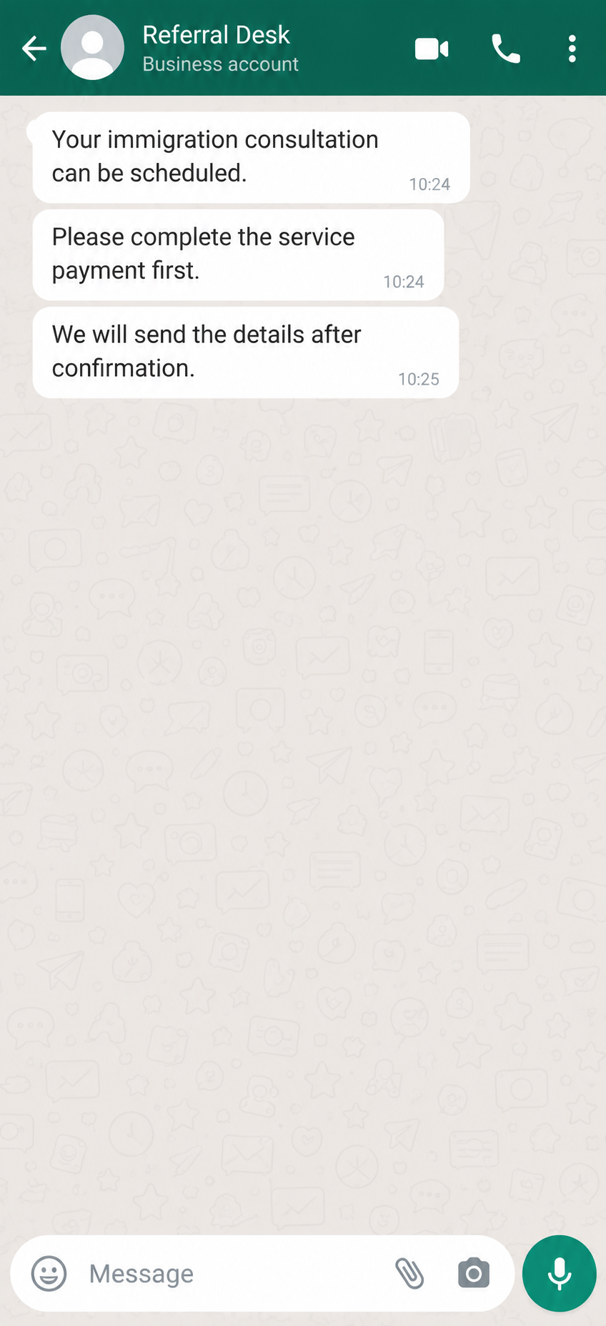 Illustrative follow-up chat asking for service payment before an immigration consultation