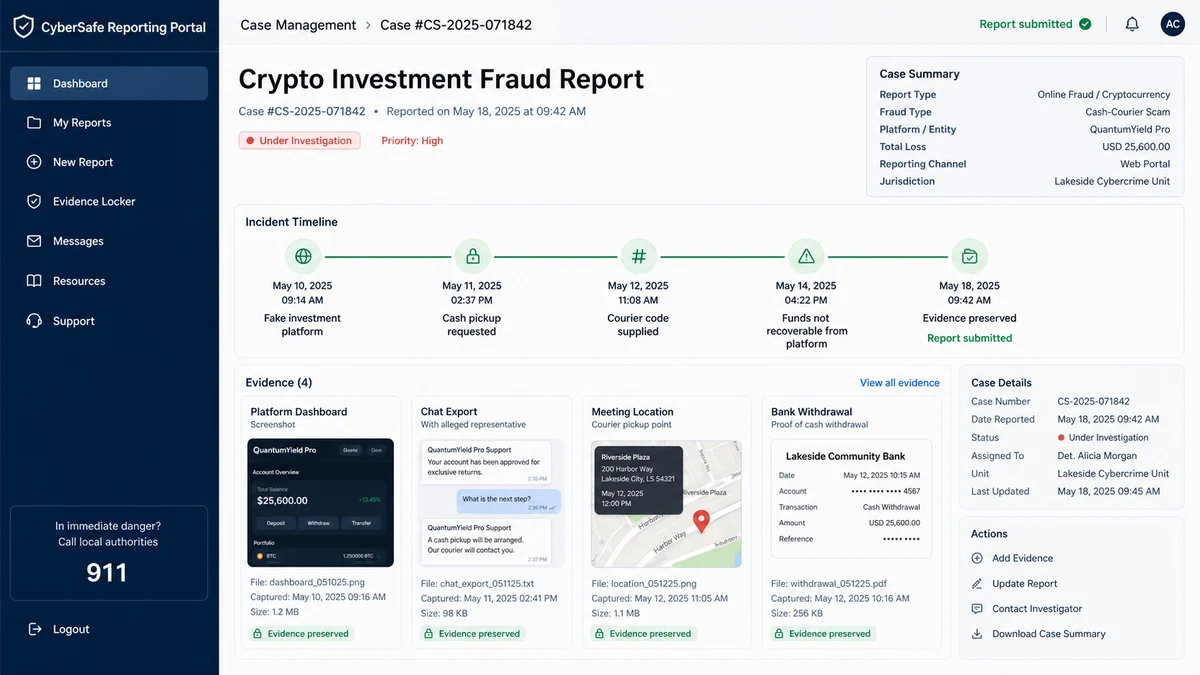 Crypto Cash Courier Scam Turns Fake Profits Into Losses 2 Crypto cash courier scam report with preserved platform and pickup evidence