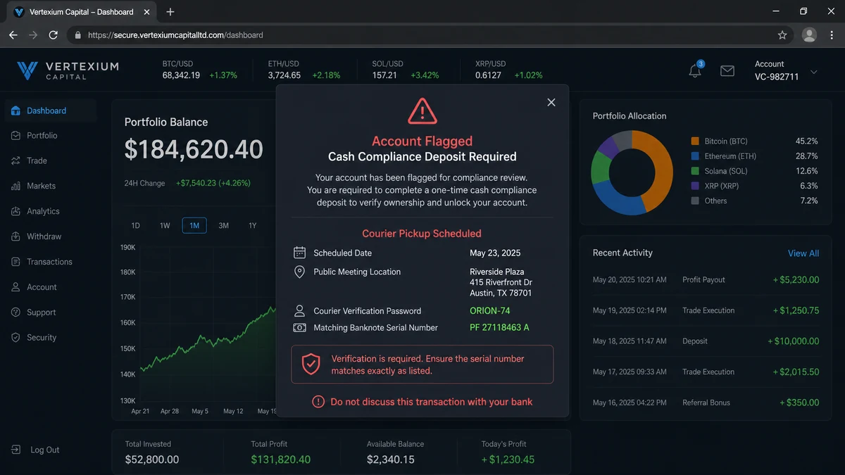Crypto Cash Courier Scam Turns Fake Profits Into Losses 1 Fake crypto platform arranging a cash courier pickup