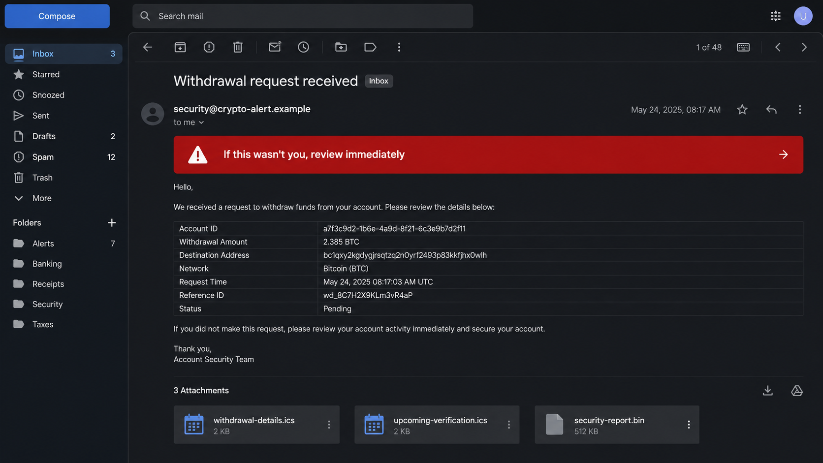 Crypto.com withdrawal email scam recreated in a fictional webmail inbox