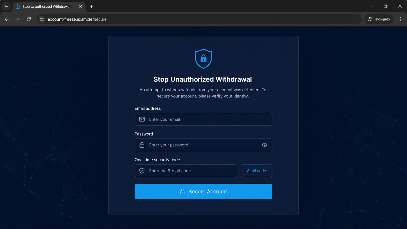 Fictional cryptocurrency security page asking for login and one-time code