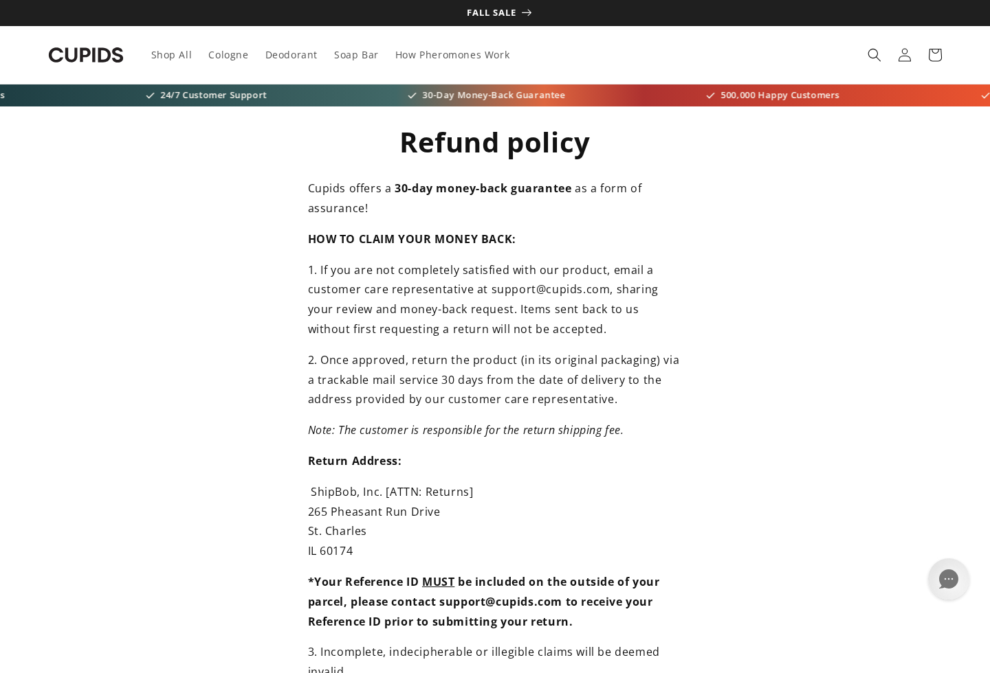 Cupids refund policy showing approval and return requirements