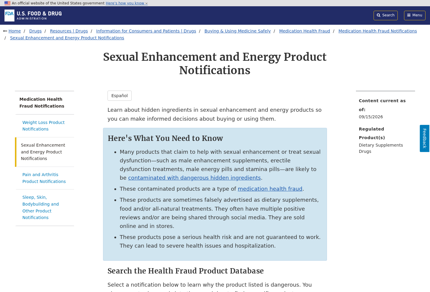 FDA sexual enhancement product notification page warning about hidden ingredients