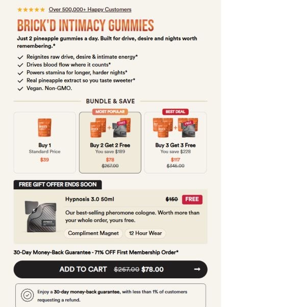 Cupids Brick'd Gummies Exposed: Subscription Terms Buyers Need to Read 1 Cupids Brick'd Gummies sales page showing package discounts and intimacy supplement claims