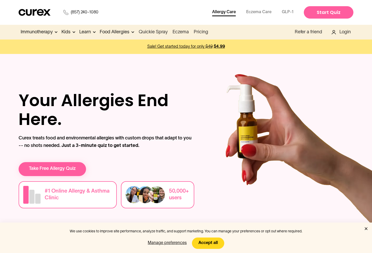 Screenshot of the official Curex allergy care homepage and custom allergy drops