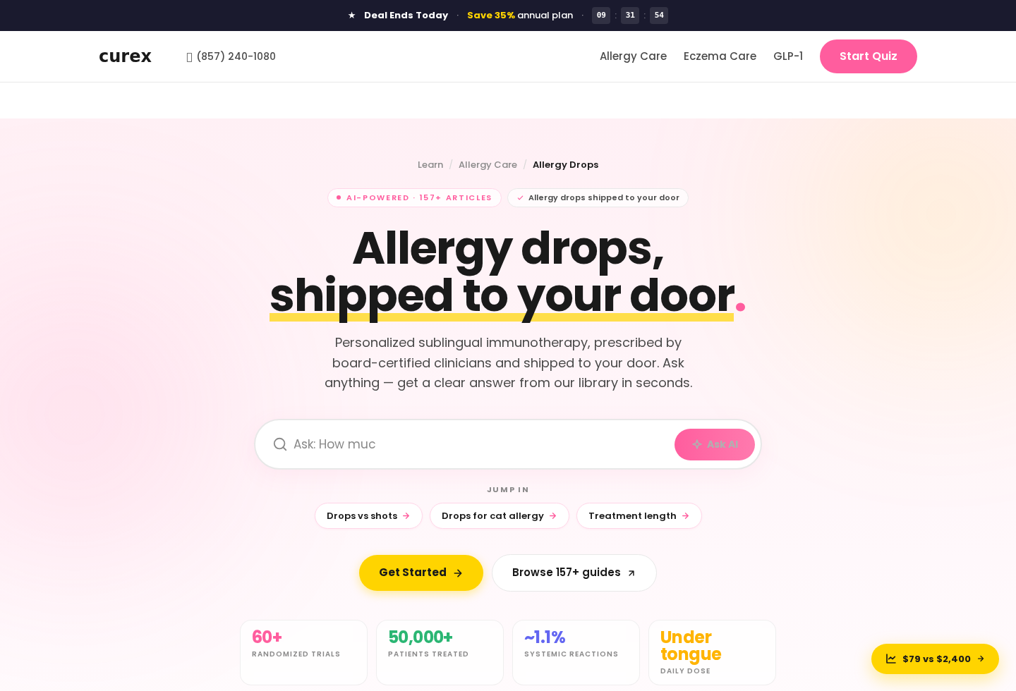 Screenshot of Curex's official allergy drops page explaining personalized sublingual immunotherapy