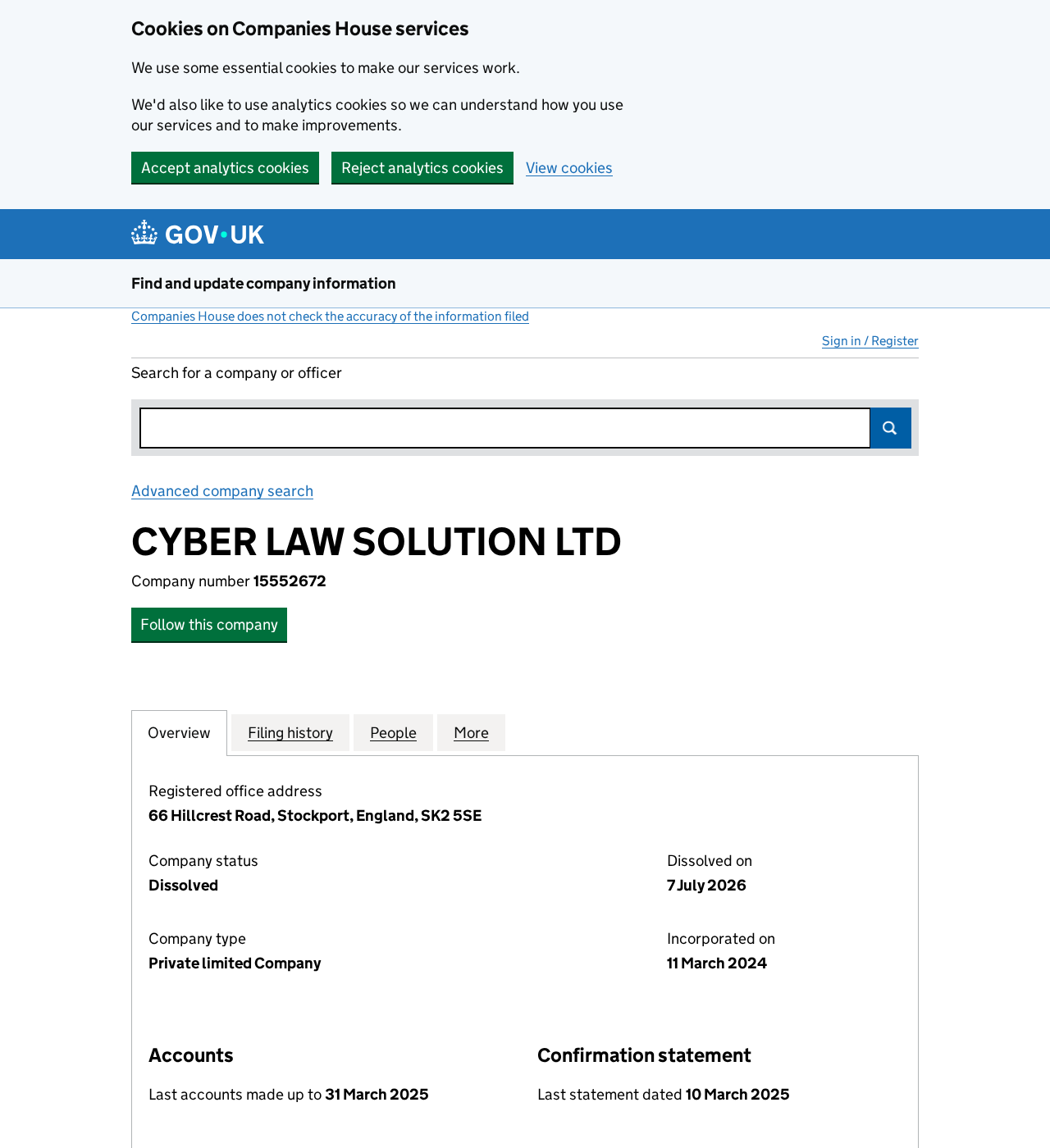 Cyber Law Solution Ltd Recovery Scam: SRA Warning and Dissolved Firm Online 2 UK Companies House record showing Cyber Law Solution Ltd company number 15552672 dissolved on July 7 2026