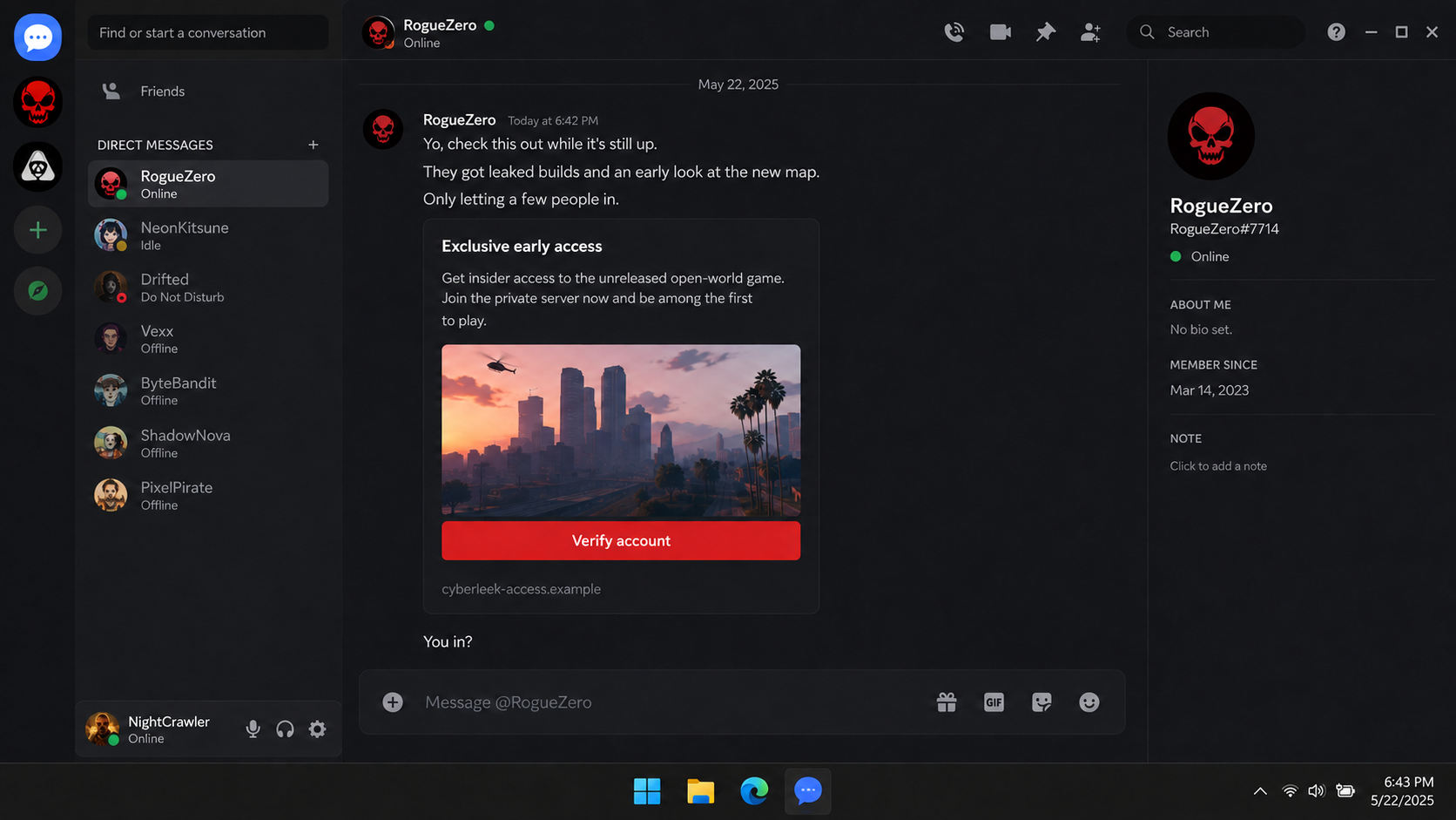 CyberLeek Discord Verification Scam Steals Accounts 1 CyberLeek Discord verification scam shown in a fictional gaming chat