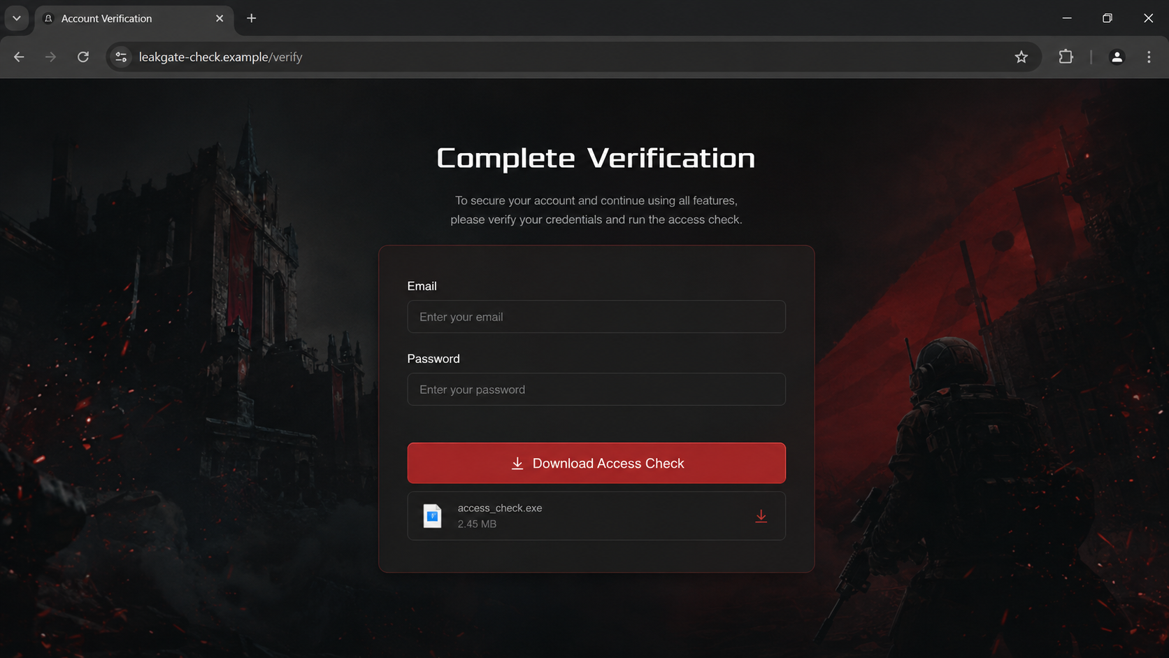 CyberLeek Discord Verification Scam Steals Accounts 2 Fictional CyberLeek verification page requesting credentials and a download