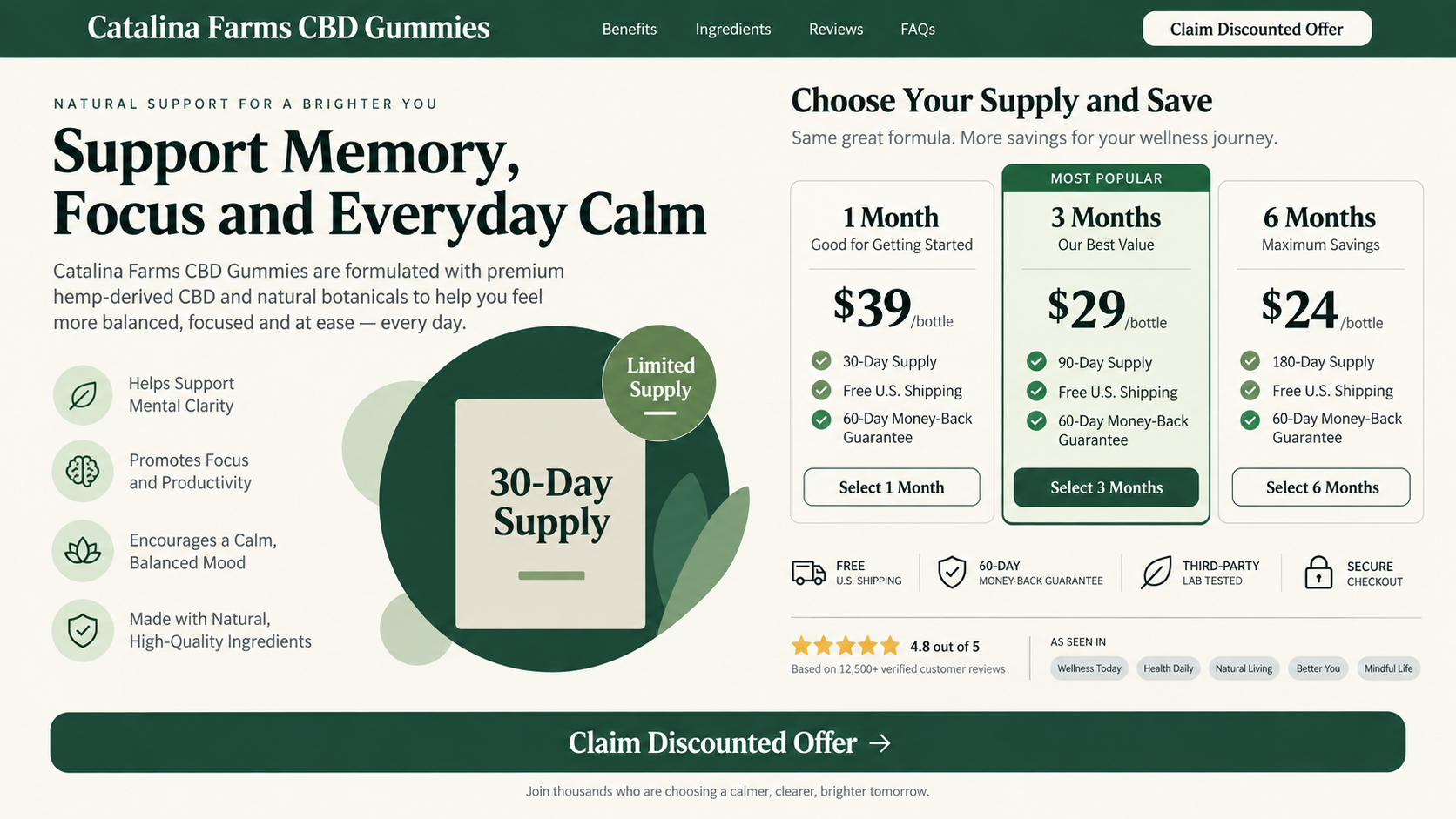 Catalina Farms CBD Gummies sales page reconstruction showing multi-month offers