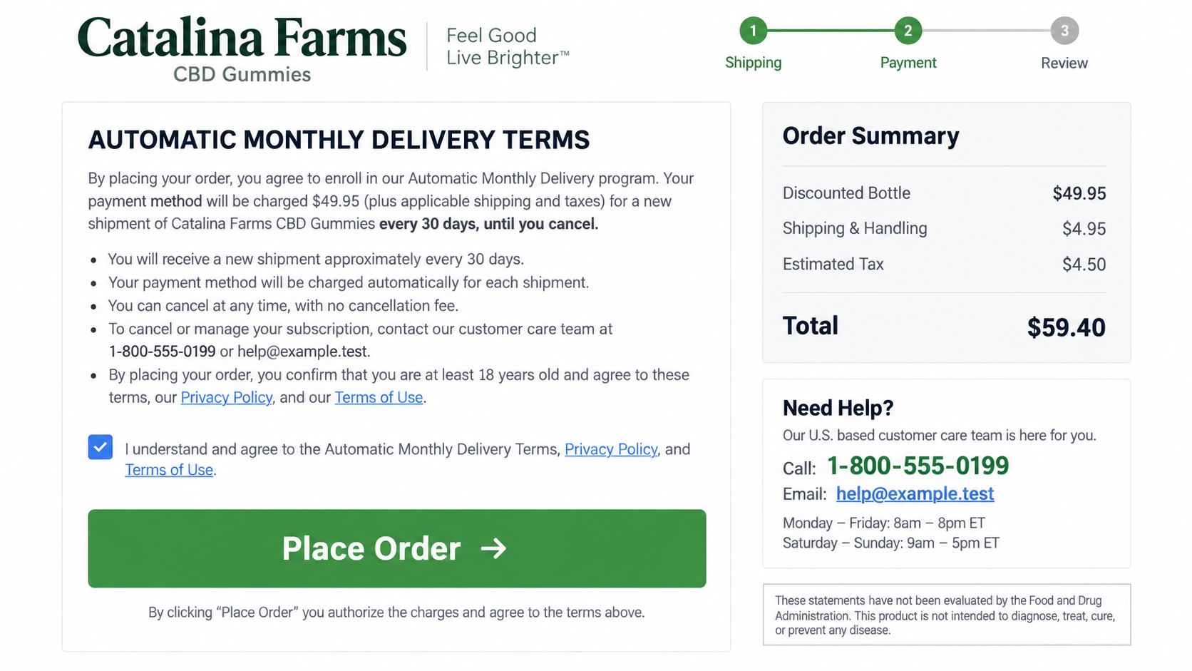 Automatic monthly delivery terms reconstruction for Catalina Farms CBD Gummies