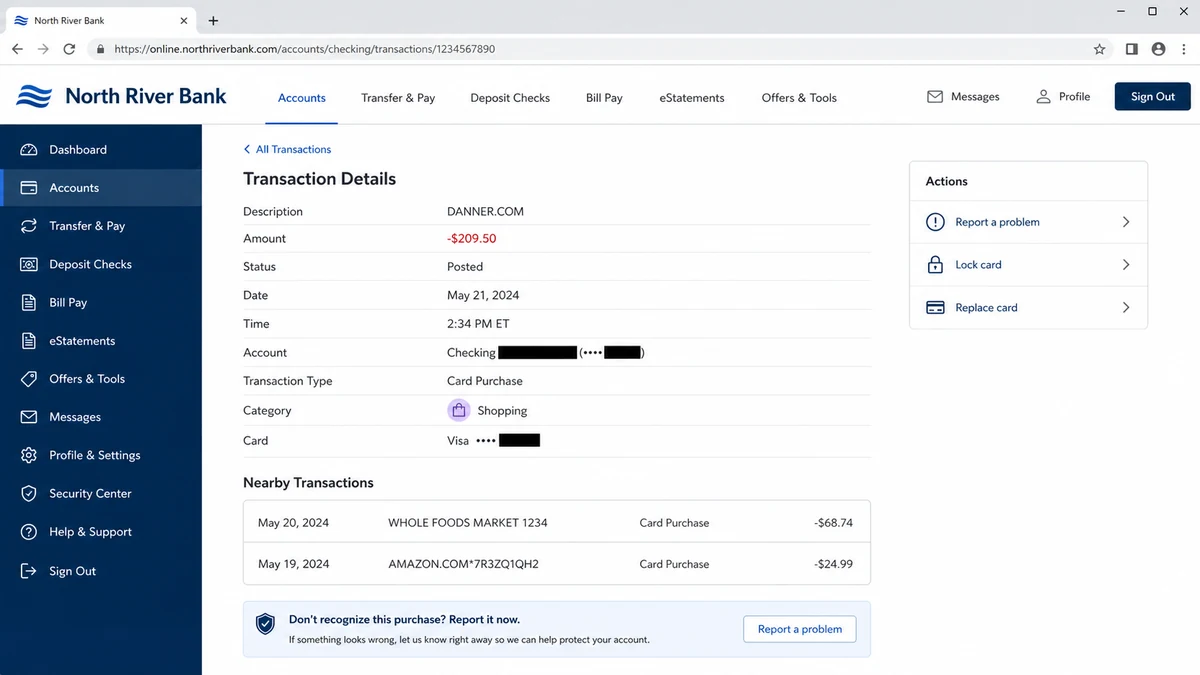 Realistic online banking reconstruction showing an unauthorized $209.50 DANNER.COM debit-card transaction