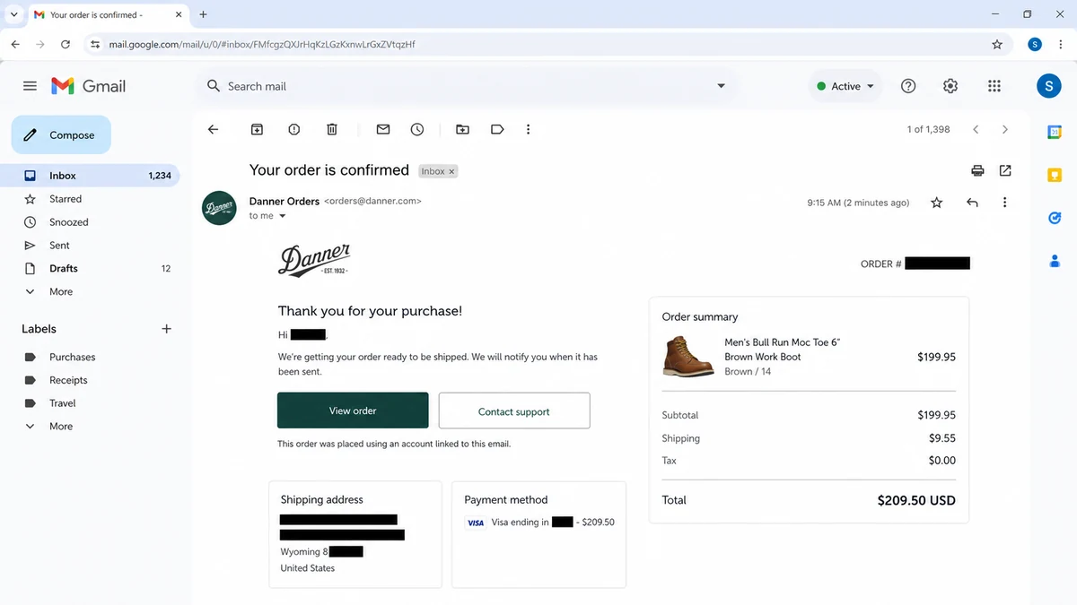 Realistic reconstruction of an unauthorized Danner order email for size 14 boots shipped to a redacted Wyoming address