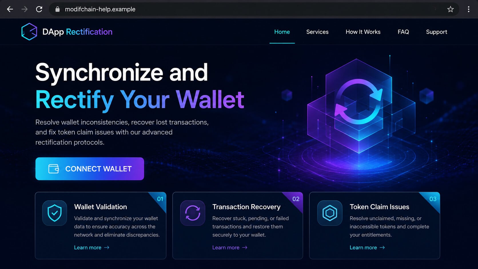 Fake DApp Rectification website offering wallet synchronization and token recovery