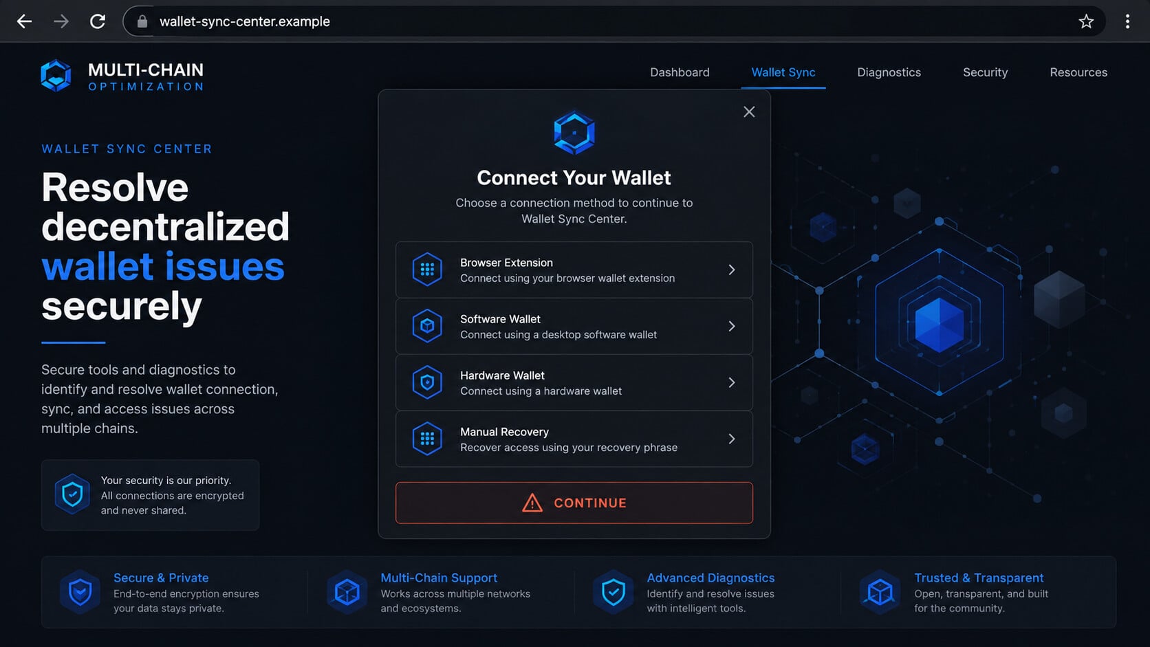 Fake multi-chain optimization portal displaying a wallet connection modal