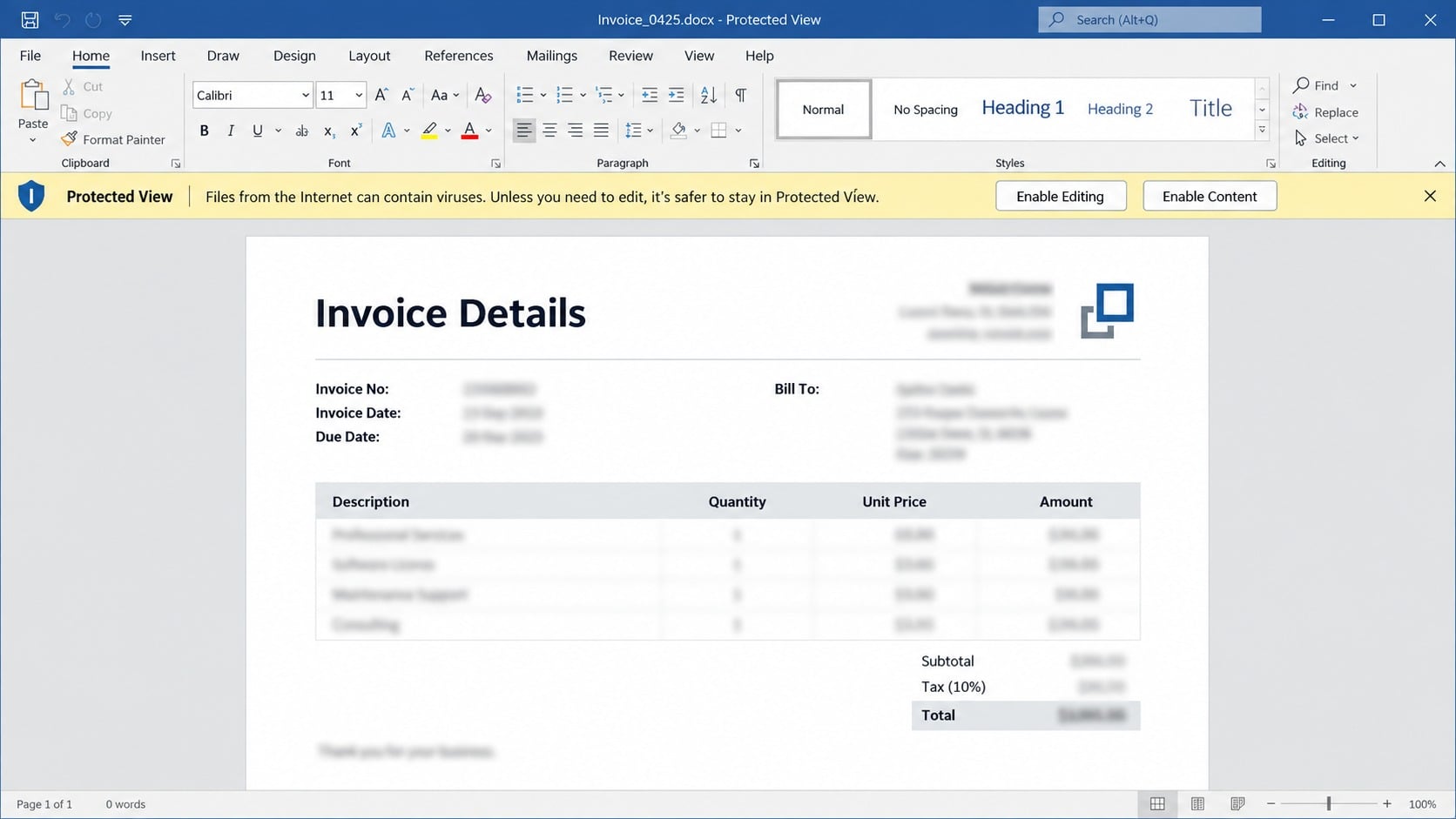 Suspicious invoice document in Protected View requesting macros to be enabled