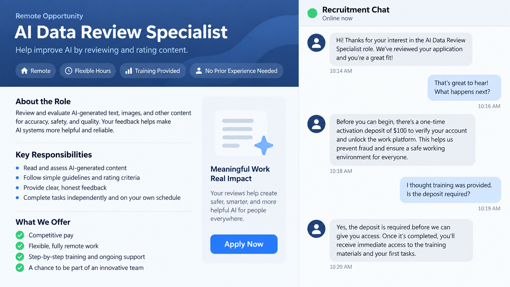 DataAnnotation Impersonation Scam: Fake Recruiters Demand Money To Start 1 Editorial reconstruction of a fake DataAnnotation recruiter chat asking for an activation deposit