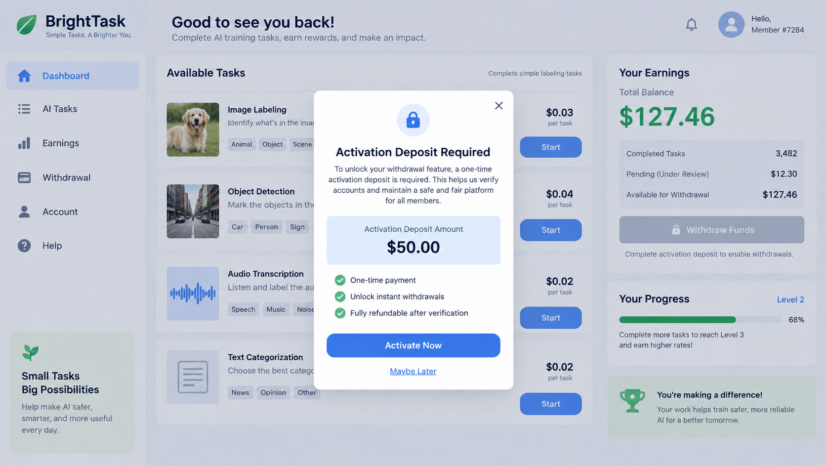 DataAnnotation Impersonation Scam: Fake Recruiters Demand Money To Start 2 Editorial reconstruction of a fake task dashboard asking for a withdrawal unlock fee