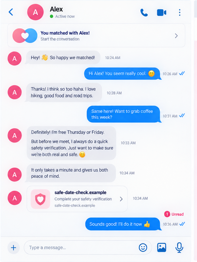 Illustrative dating chat sending a link to a fake safety verification service